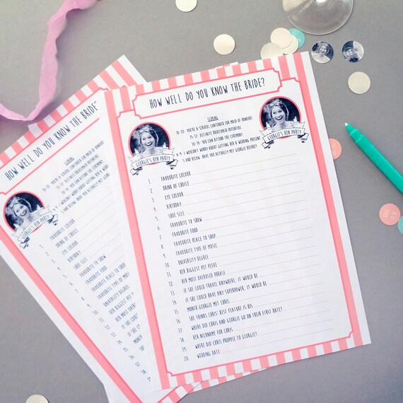 Personalised Bride Quiz: Hen Party Game with Bride's Photo (Printed or PDF)