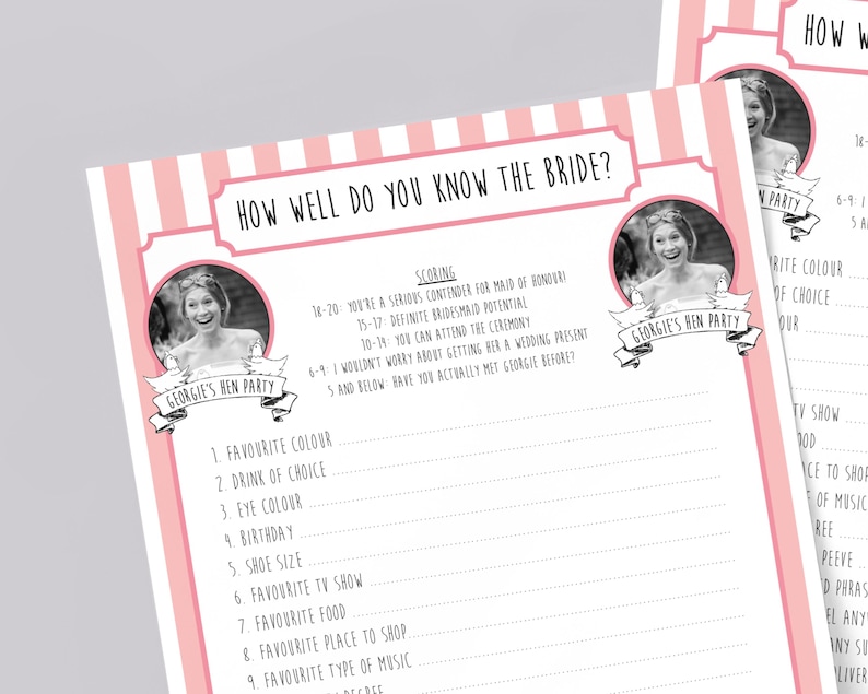 Personalised Bride to be Quiz: Hen Party Game with Bride's Photo (Printed or PDF) image 2