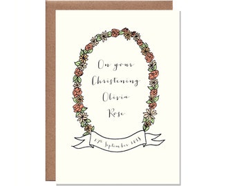 Personalised Floral Wreath Name and Date Christening or Baptism card