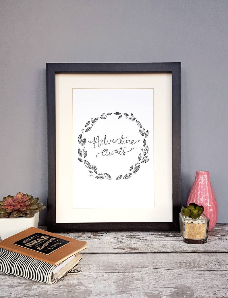Adventure Awaits Hand-lettered Print Home Decor Bon Voyage Moving Gift image 1