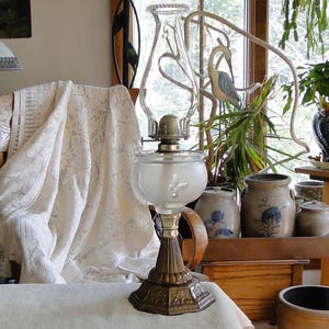Antique Iron and Brass Base Oil Lamp with Fancy Satin Cut to Clear Glass Font with a Deep Oil Lip Rim Vintage 1870-1890s