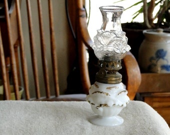 Vintage Milk Glass with Clear Shade Miniature Oil Lamp-Vintage Early 1900s-Smith II Fig. 241