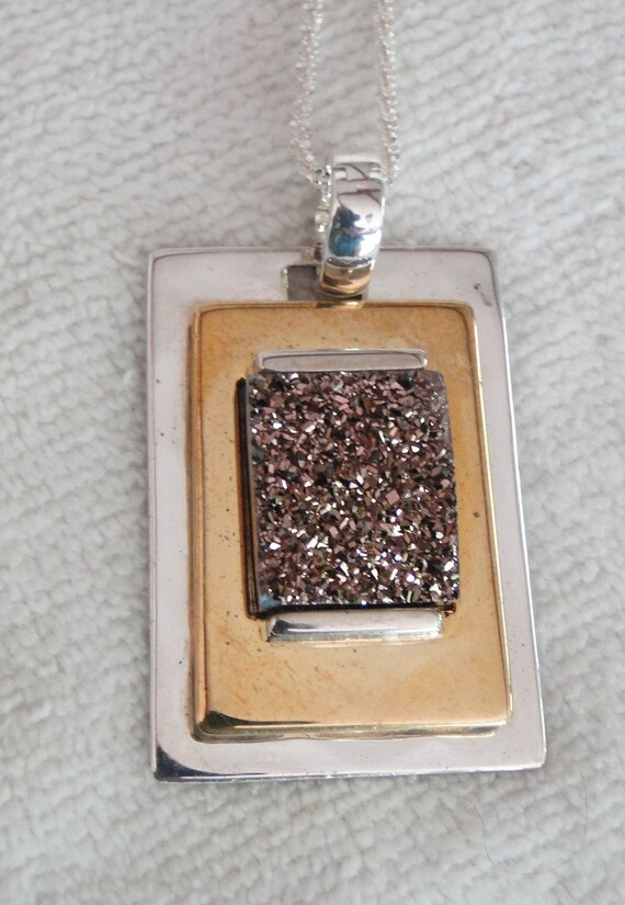 Sterling Silver-Brass and Goldstone Pendant with … - image 3