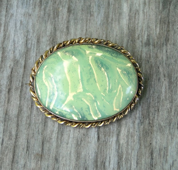 Antique Art Deco Large Green and Gold Rippled OPA… - image 1