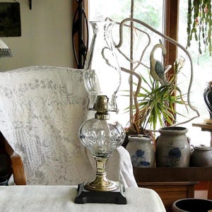 Antique Brass and Iron Base Oil Lamp and &quot;Triple Peg and Loop&quot; Glass Font Pattern-Vintage 1880-1890s-Size No 1-Ready to Use
