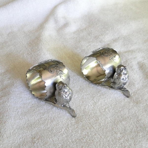 Matched Pair of Victorian Figural Napkin Rings - Chick with Egg -Vintage 1890's-Barbour Silver Co.-Eastlake Floral Engraving