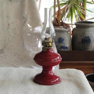 Antique Miniature Red Painted Oil Lamp with Original Acorn Burner-Smith Fig 94-Vintage 1930-40