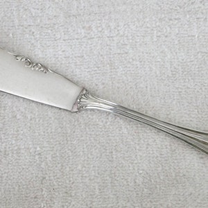 May include: A silver butter knife with an ornate handle and a slightly curved blade.