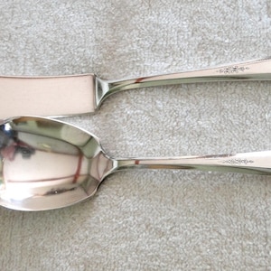May include: A set of two silver-plated serving utensils, a butter knife and a sugar spoon. Both utensils have an ornate design with a floral pattern.