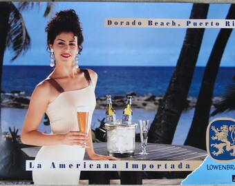 Vintage 1980s-90s Sexy Lady drinking LOWENBRAU Beer Poster-Man Cave, Recreation Room, Garage Wall Decoration