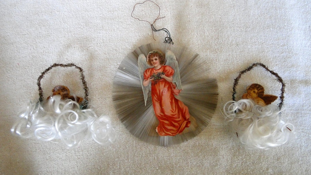 3 Antique Die Cut Christmas Ornaments With Tinsel Including Etsy