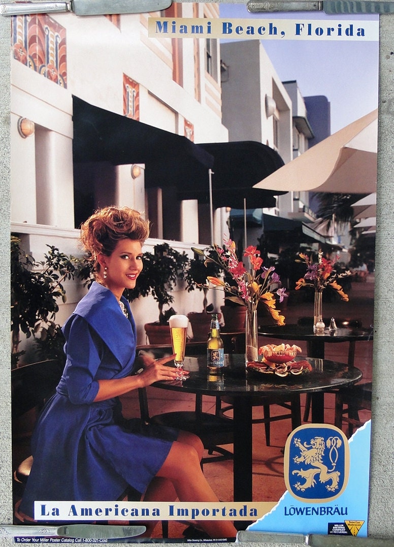 Vintage 1980s-90s Sexy Lady Drinking LOWENBRAU Beer-miami Poster