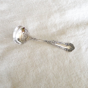 May include: A silver ladle with an ornate handle. The ladle has a rounded bowl and a long, slender handle with intricate floral designs.