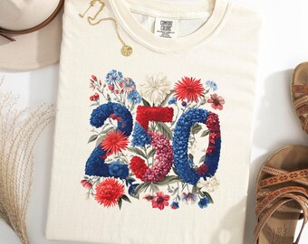 Retro USA 250th Anniversary Floral Shirt, T-shirt Tee Patriotic Botanical American Flag Tshirt, 1776–2026 Freedom Celebration Flag Flowers