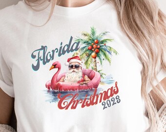 Florida Christmas Shirt. Beach Vacation Family Trip T-shirts. Adults Women Men Ladies Kids Tshirt Matching Vacay. Santa Claus Flamingo Float