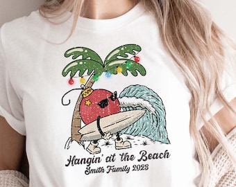 Custom Retro Christmas at the Beach Shirts. Vacation Family Trip T-shirts. Adults Women Men Ladies Kids Baby Tshirt Matching Vacay Group