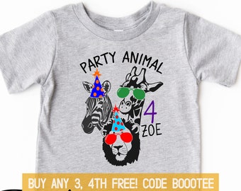 4th Birthday Shirt Party Animal Tee Adults Matching Kids Toddler T-Shirt Third Bday Four 4 Years Old Party Zoo Lion Boy Girls Giraffe Girl