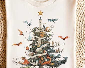 Fantasy Christmas Tree Shirt: Dragon Fairy Tale Graphic X-mas Tee