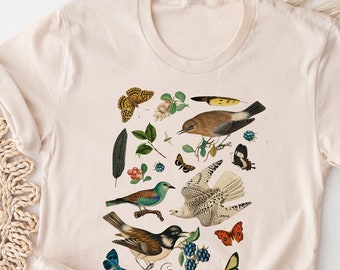 T-shirt uccelli vintage, camicia regalo amante della natura, donna uomo donna bambini bambino, tshirt, regalo per lui lei, festa della mamma, insetti piante giardinaggio