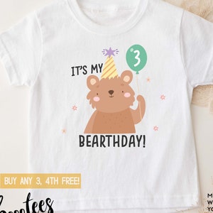 Birthday Bear Shirt for Kids Adults Toddler T-Shirt Tee Third Two Bday Turning Three Years Old Party Favors Bearthday Gift Animal