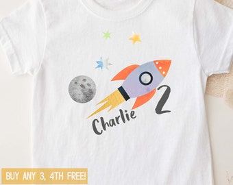 Space Birthday Shirt Adults Kids Toddler T-Shirt Tee Third Bday Turning Two Years Old Party Favors Rocket Ship Cute Boy 2nd