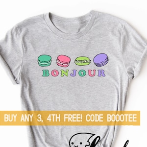 Bonjour Chemise Français Drôle T-shirt Hommes Enfants Femmes Tshirt Garçon Fille Toddler Kid Tee Matching Macarons Cadeau Macarons Maron Macaron Cuisson France