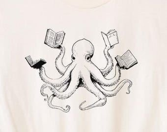 Lustiges Oktopus-Bücher-Grafik-T-Shirt: Vintage Tintenfisch-Library Book Club Einzigartiges Meeresleben Tiere Leser Bücherwurm Druck-T-Shirt