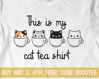Cat Shirt Tea Gift Funny T-shirt Women Kids Men TShirt Kitty Kitten T Shirt Tee Ladies Funny Tank Top V-neck Little Girls Mom Wife Teacup