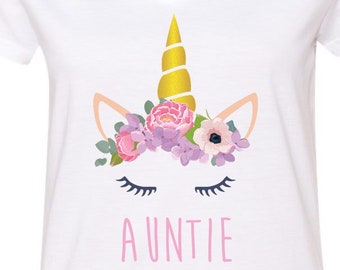 Unicorn Shirt Auntie Cute Funny Matching T-Shirt T Shirt Tees Ladies Girl Women Kid Baby Shower Aunt Birthday Party Pregnancy Announcement