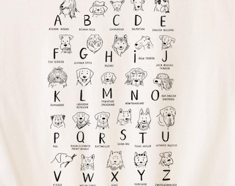 Dog Alphabet Shirt Sweatshirt Puppy Breeds T-shirt Tee Meme Wife Girlfriend Kids Toddler Baby T-shirts Tees Love Dogs Mom Dad Teacher Cute