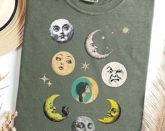 Vintage Moon Comfort Colors Retro Moons T-shirt Tshirt Celestial 90s Woman Kissing Half Cat Face Faces Shirts Sun Phases Phase Tee Tees