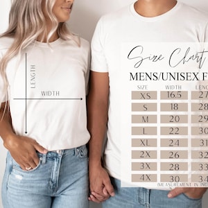 May include: Size chart for men's and unisex t-shirts, showing measurements in inches for width and length. Sizes range from XS to 4X.