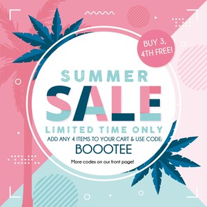 May include: A vibrant graphic advertising a summer sale, featuring the text "SUMMER SALE" in bold, multi-coloured letters. The image also includes the phrases "BUY 3, 4TH FREE!" and "LIMITED TIME ONLY", plus the code "BOOOTEE".