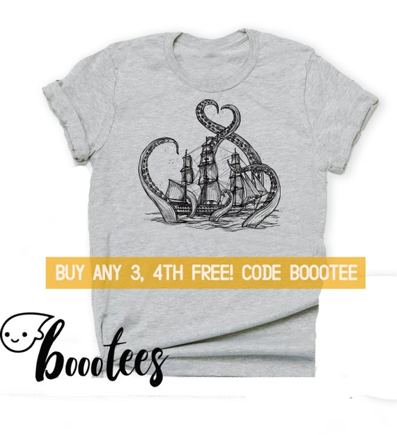 Kraken Loves Boat T-Shirt for Men Graphic Shirts for Women Unisex Shirt