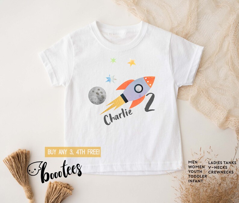 Space Birthday Shirt Adults Kids Toddler T-Shirt Tee Third Bday Turning Two Years Old Party Favors Rocket Ship Cute Boy 2nd image 1