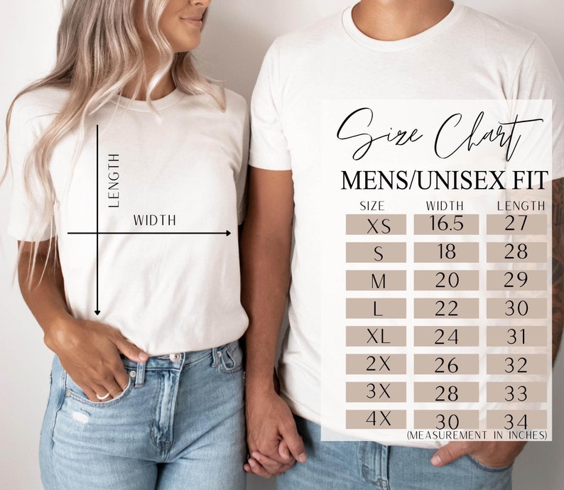 K&ouml;nnte beinhalten: Gr&ouml;&szlig;entabelle f&uuml;r Herren- und Unisex-T-Shirts. Die Tabelle zeigt die Breite und L&auml;nge in Zoll f&uuml;r die Gr&ouml;&szlig;en XS bis 4X.