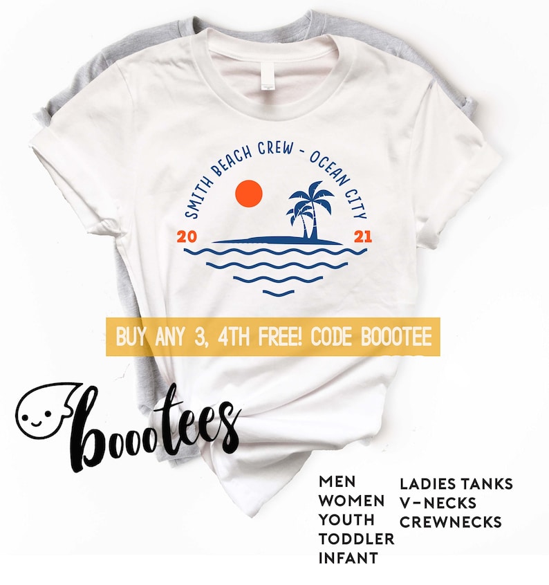 A minimalistic beach trip design in blue ink on a heather grey shirt. The top features text you can personalize over a circle that contains a palm tree and a sun over simple waves. The bottom has another line of text.