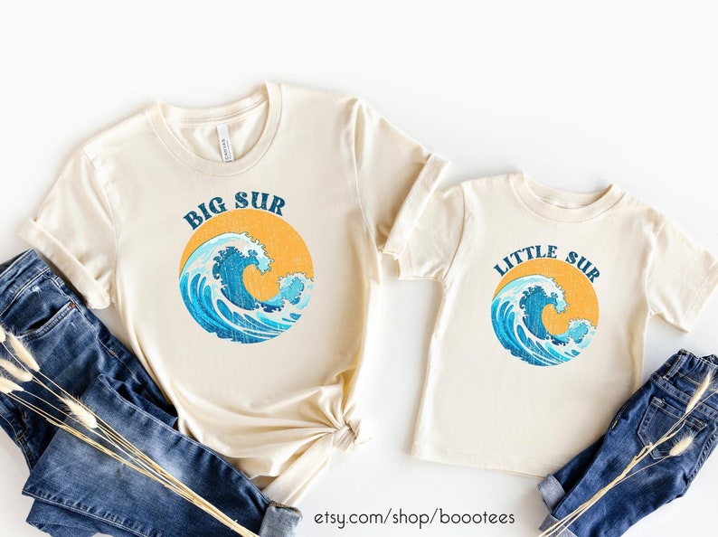 A daddy and me shirt featuring a wave that says Big Sur and Little Sur.