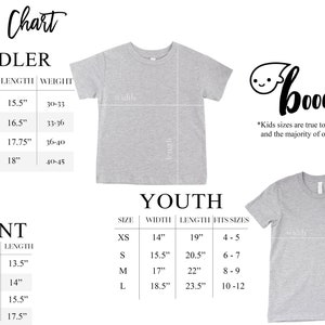 May include: Size chart for toddler, infant, and youth t-shirts. The chart shows the size, width, length, and weight for toddler sizes 2T, 3T, 4T, and 5T. The chart also shows the size, width, length, and age range for youth sizes XS, S, M, and L. The chart shows the size, width, and length for infant sizes NB, 6M, 12M, and 18M.