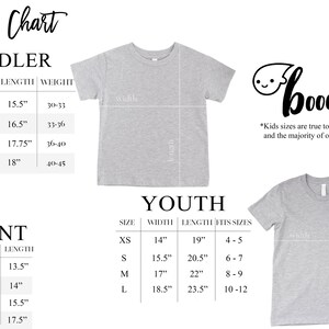 May include: A size chart for toddler, infant, and youth t-shirts. The chart includes measurements in inches for width and length, along with weight ranges. The image also shows gray t-shirts with measurement lines and the text "boootees".