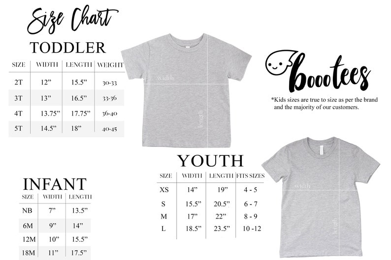 May include: A size chart for toddler, infant, and youth t-shirts. The chart includes measurements in inches for width and length, along with weight ranges. The image also shows gray t-shirts with measurement lines and the text "boootees".