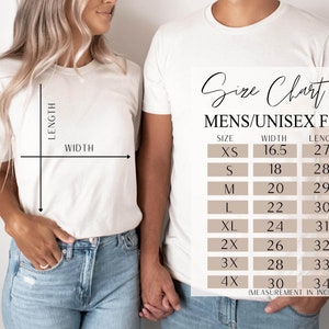 May include: Size chart for men's and unisex t-shirts, showing measurements in inches for width and length. Sizes range from XS to 4X.