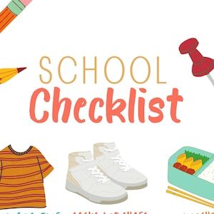 Może przedstawiać: Lista kontrolna do szkoły z ilustracjami przedmiotów potrzebnych na dzień szkolny, w tym pudełko na lunch, skarpetki i buty, książka, lekarstwa, elektronika szkolna i poranna rutyna.