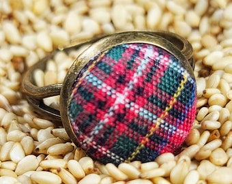 Plaid Button Ring - Handmade Adjustable Tartan Jewelry for Her - Scotland Gift - Your Choice of Tartan