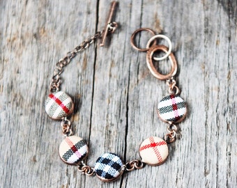 Dainty Brown Check Plaid and Gold Link Dainty Bracelet - Tartan Jewelry with Adjustable Toggle