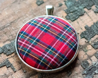 Stewart Royal Tartan Plaid Pendant and Necklace Set - Layering Circle Pendant Long Necklace Gift for Her - Scottish Jewelry