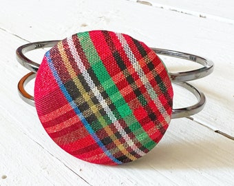 Red Plaid Scotland Cuff Bracelet - Chunky Statement Bangle - Scottish Gifts