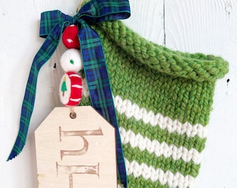 Green Striped Chunky Knit Stocking, personalized stocking for kids, striped Christmas stocking, family stockings, SIZE MEDIUM, READY to ship