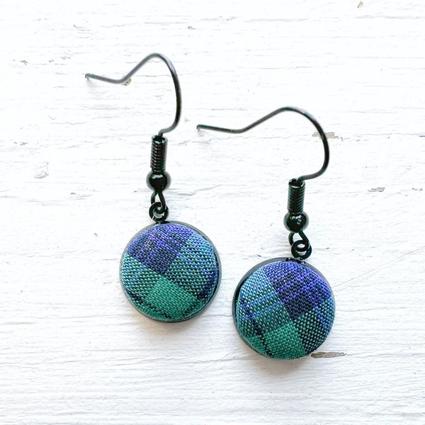 Black Watch Tartan Plaid Wire Drop Earrings - Long Dangle Earrings for Classic Scotland Jewelry and Gifts in Blue Green Plaid