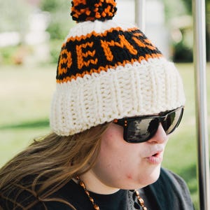 Handmade Wool Football Beanie - Orange Black Slouchy Winter Hat